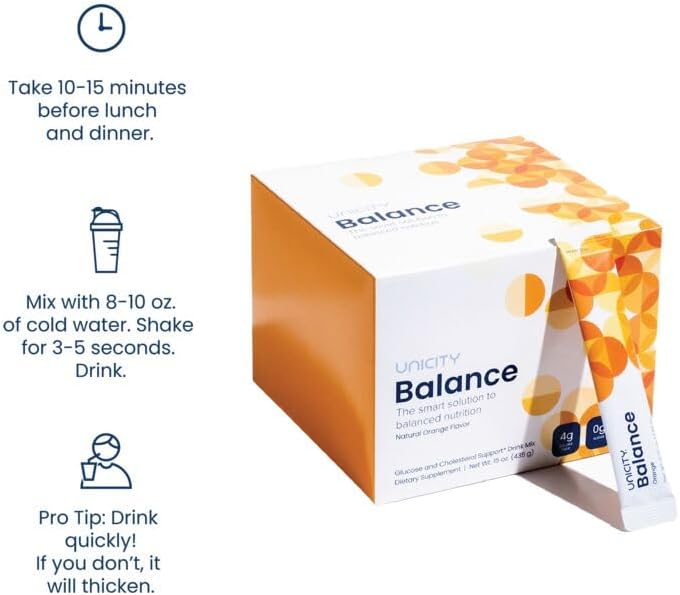 Unicity Balance Fiber Supplement – Soluble Fiber Drink Mix – Natural Orange – 30 Stick Packs