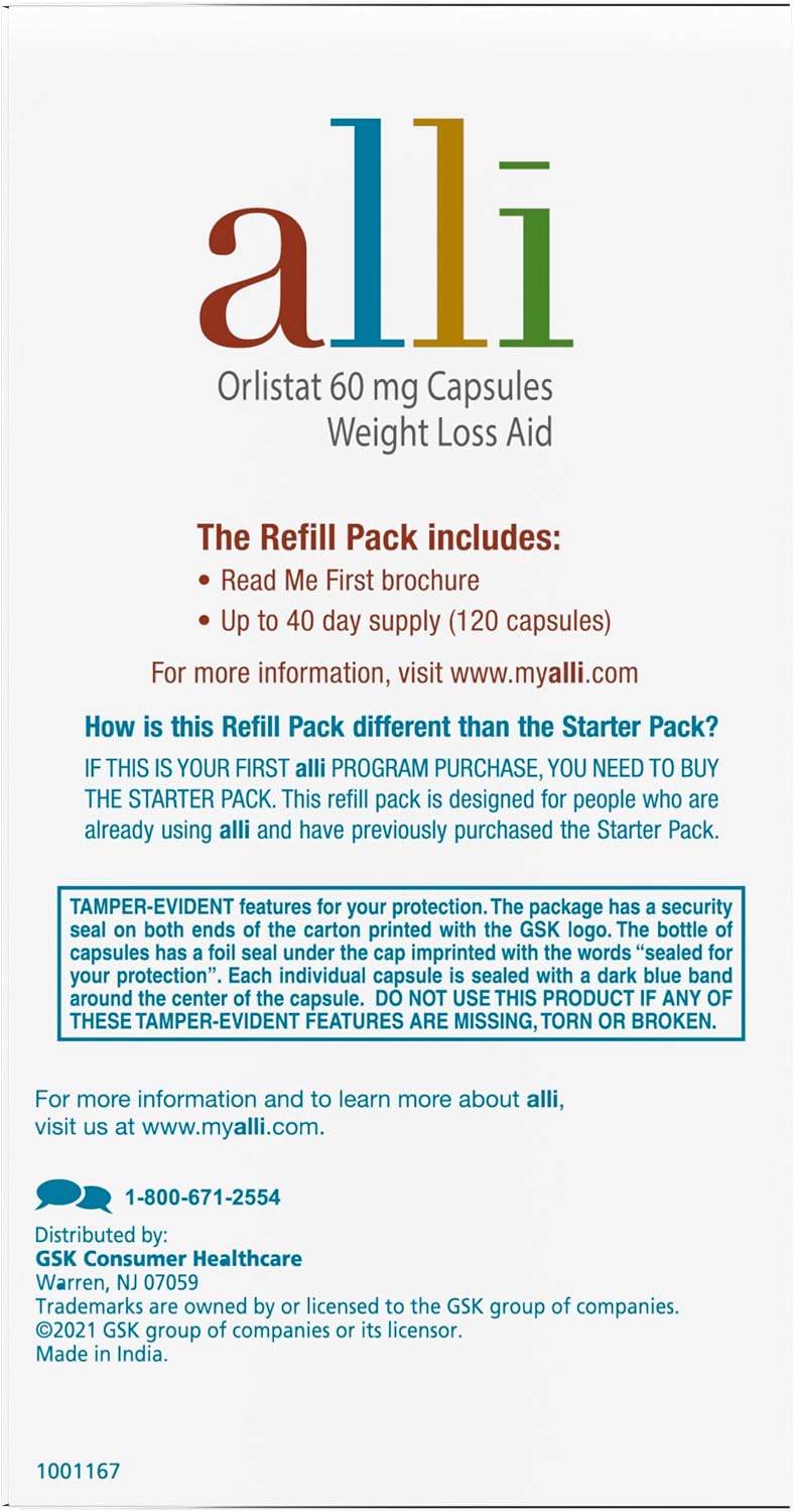 alli Weight Loss Aid – Orlistat 60 mg Capsules – 120 Count Refill Pack