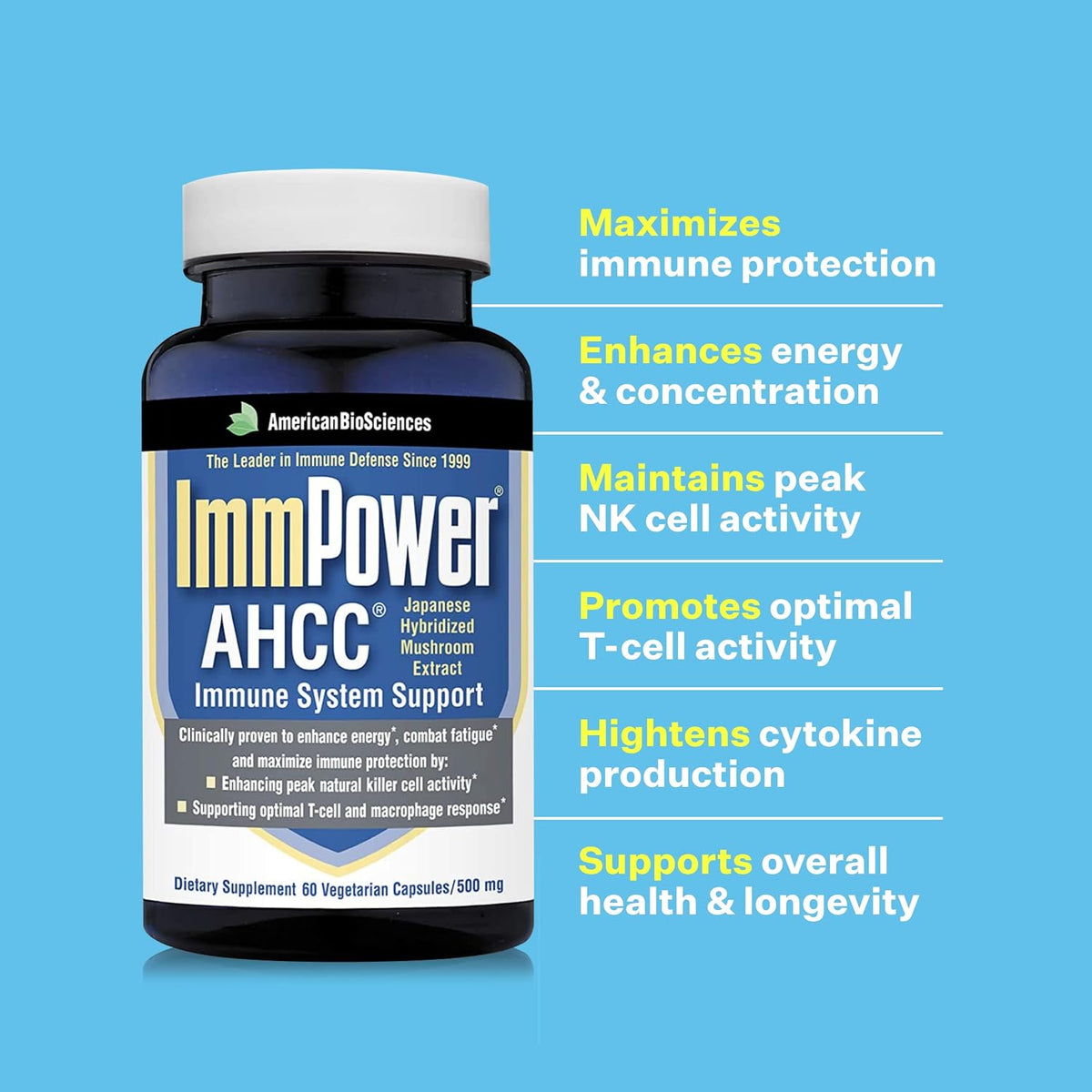 American BioSciences ImmPower AHCC 500 mg Herbal Mushroom Supplement – Immune Support – 60 Veggie Capsules