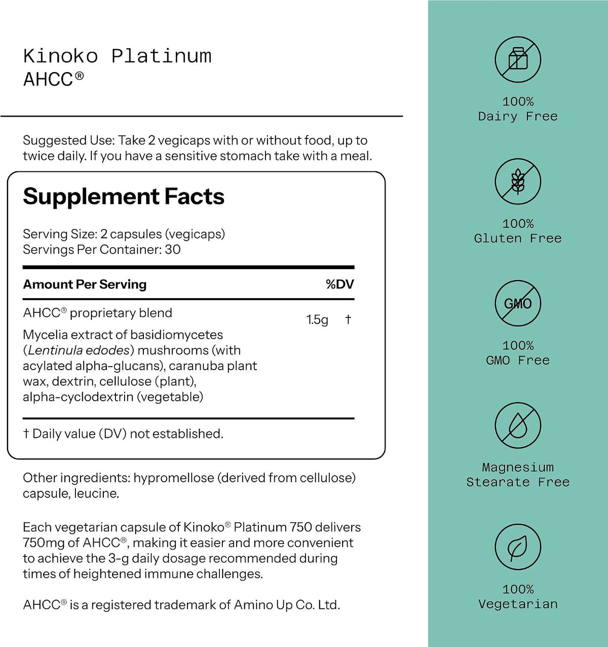 Quality of Life Kinoko Platinum AHCC – 750 mg – Immune & Wellness Support – 60 Veggie Capsules