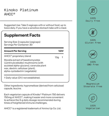 Quality of Life Kinoko Platinum AHCC – 750 mg – Immune & Wellness Support – 60 Veggie Capsules