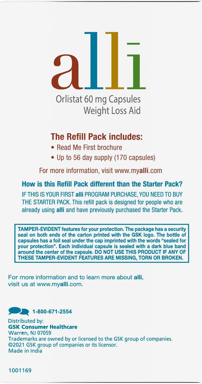 alli Weight Loss Supplement – Orlistat 60 mg Capsules – 170 Count Refill Pack