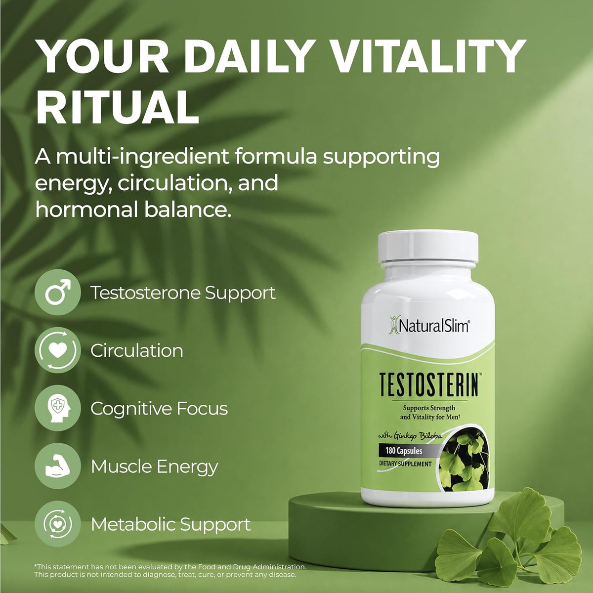 NaturalSlim Testosterin Testosterone Support – Ginkgo Biloba – 180 Capsules